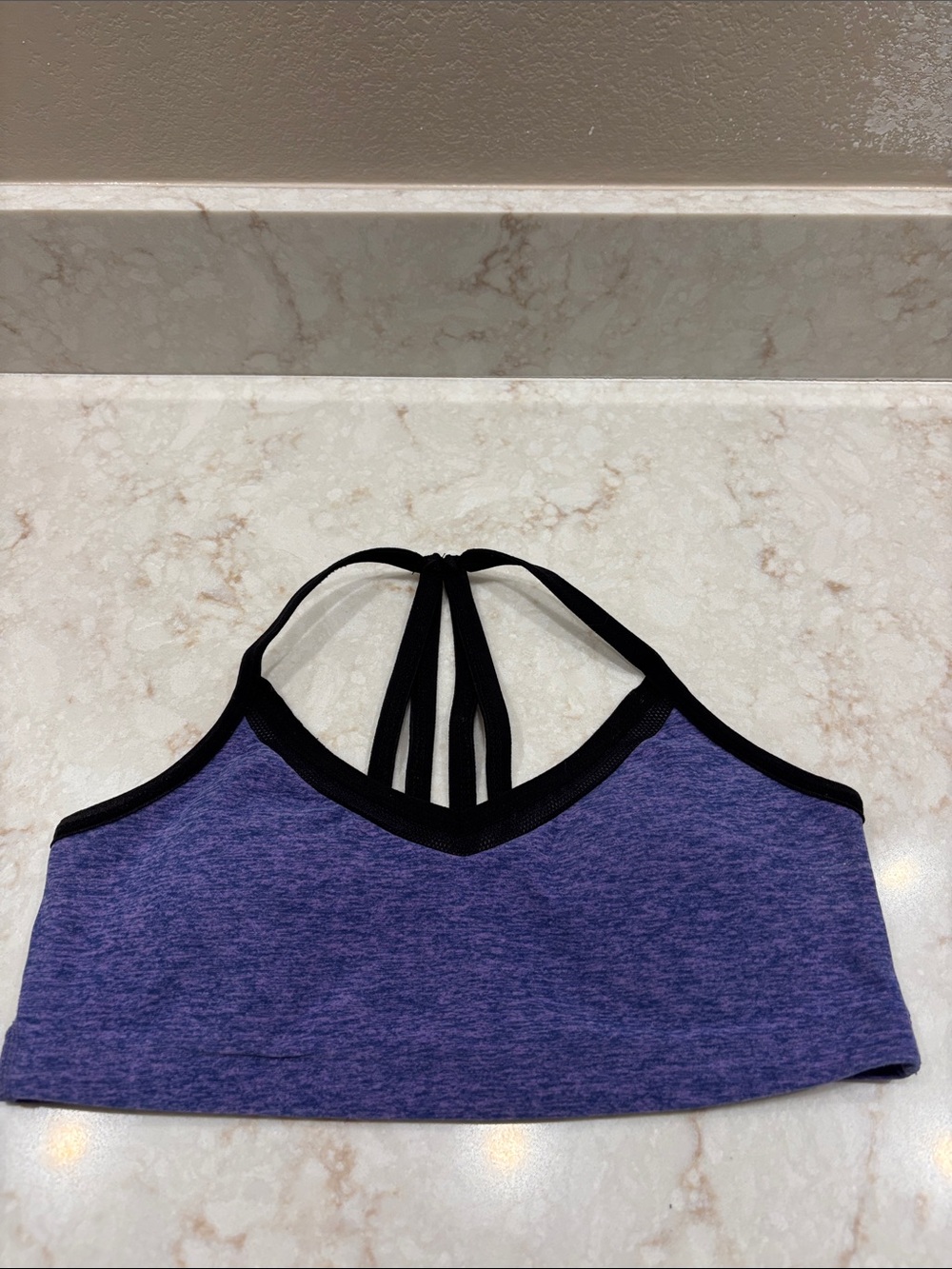 Beyond Yoga Purple Heather Strappy Back Sports Bra with Black Trim